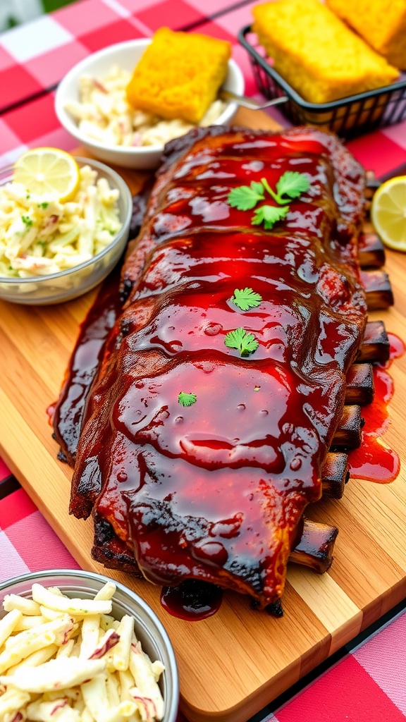 Grilled barbecue ribs with sauce on a cutting board, garnished with parsley and served with sides.